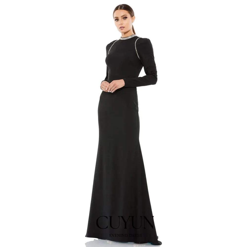 

CUYUN Customized Black Modest Evening Dresses O-Neck Long Sleeves Beading Long Prom Party Gown Wedding Guest Outfit 2026