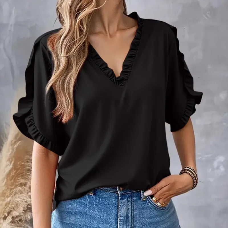 여름 단순 솔리드 컬러 반팔 셔츠 블라우스 여성 프릴 v 넥 캐주얼 루즈 셔츠 탑 우아한 오피스 레이디 블라우스