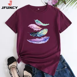 JFUNCY Women Summer T-shirt Woman Short Sleeve Tops Colorful Feathers Print Tshirt  Casual Loose Female Cotton Tees