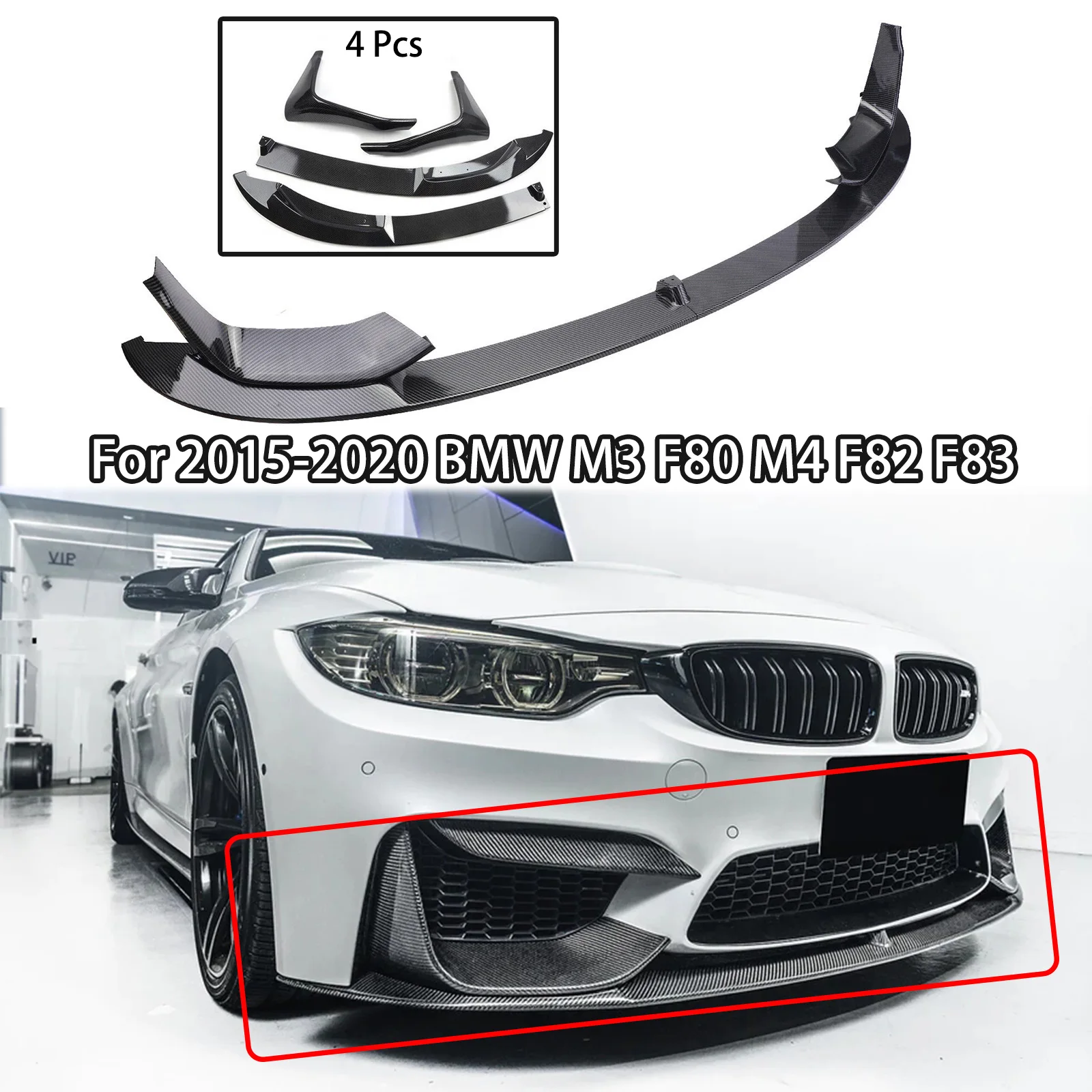 MP Style Front Bumper Lip Splitter Side Splitter Coner For 2015-2020 BMW M3 F80 M4 F82 F83 Glossy Black Cars Accessory Body Kit