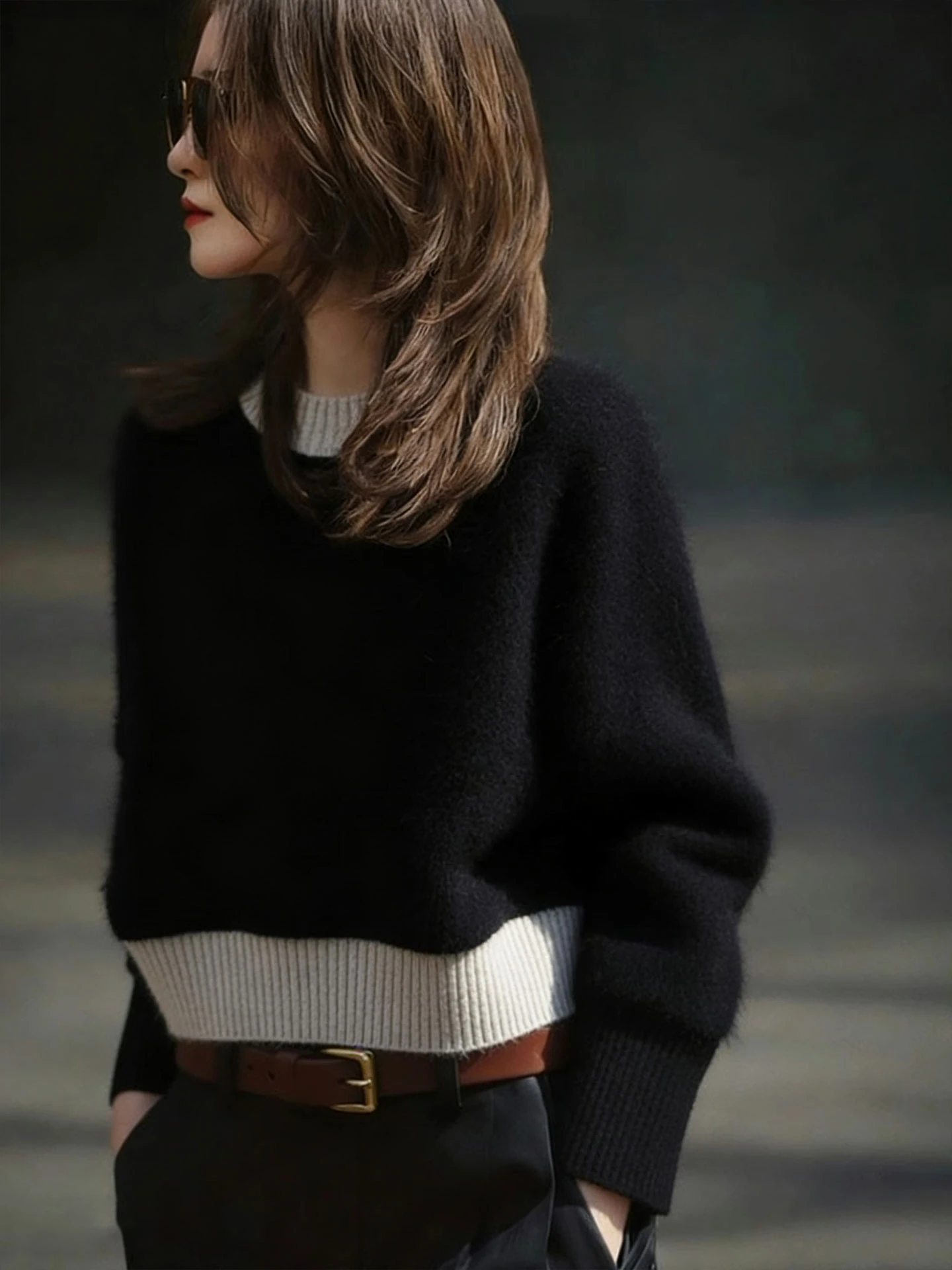 패셔너블 니트 페이크 투피스 카메라 롱 슬리브 라운드 넥 출퇴근용 여성 겨울 의류 루즈핏