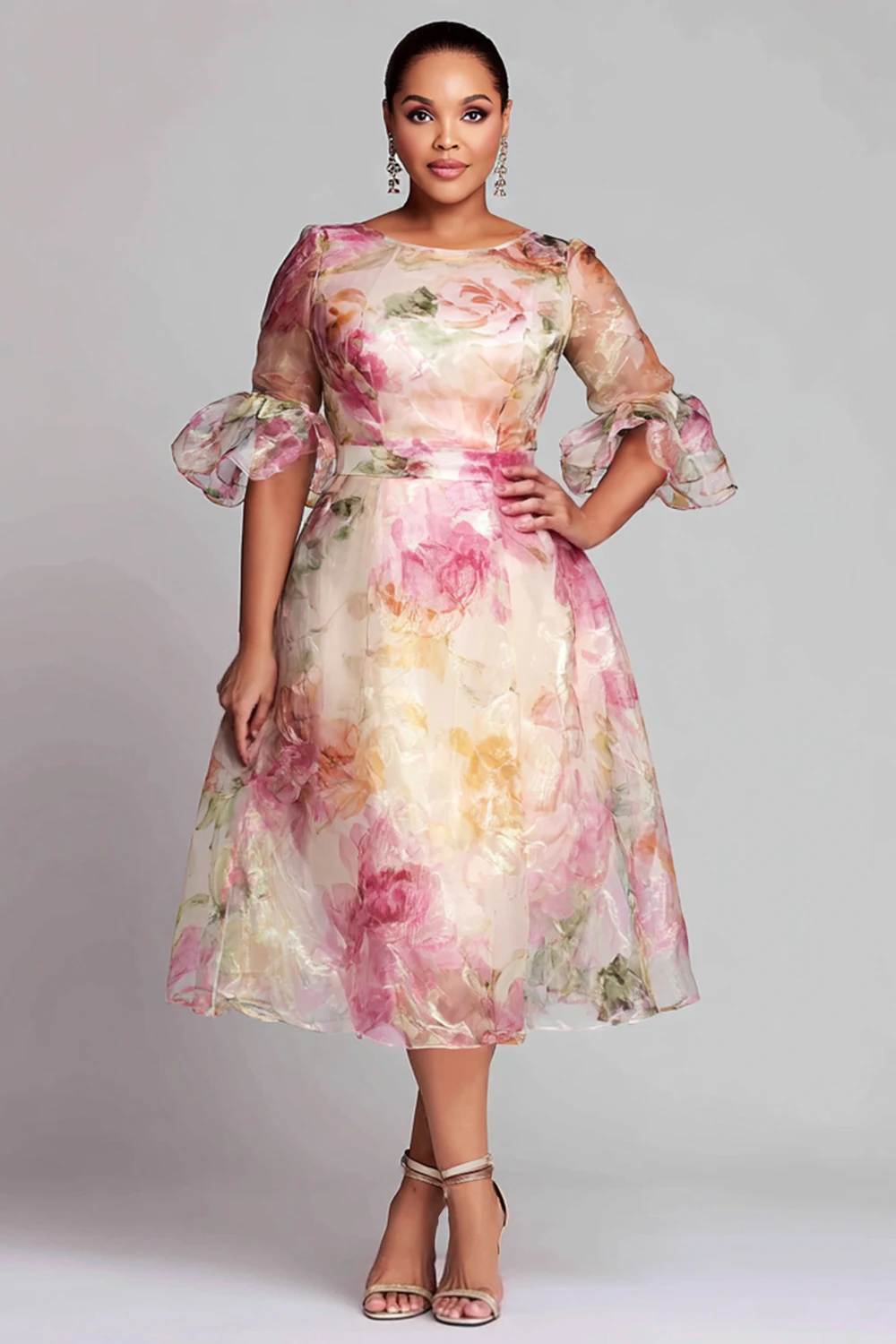 

Plus Size Cocktail Party Pink Floral Round Neck Flare Short Sleeve See Through Organza Midi Dresse
