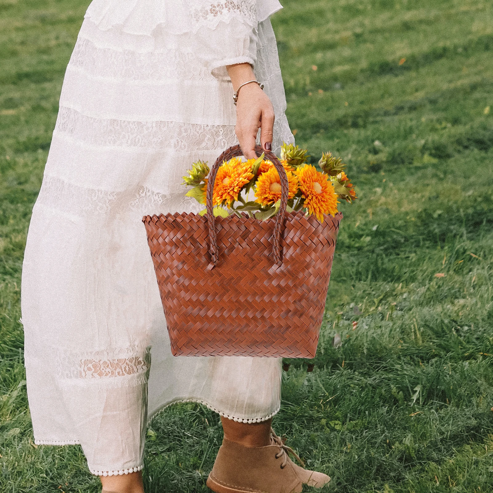 

Women Vintage Woven Basket Chic Portable Storage Basket Picnic Tote Bag Handbag Rustic Outdoor Organizer Carpets Handle