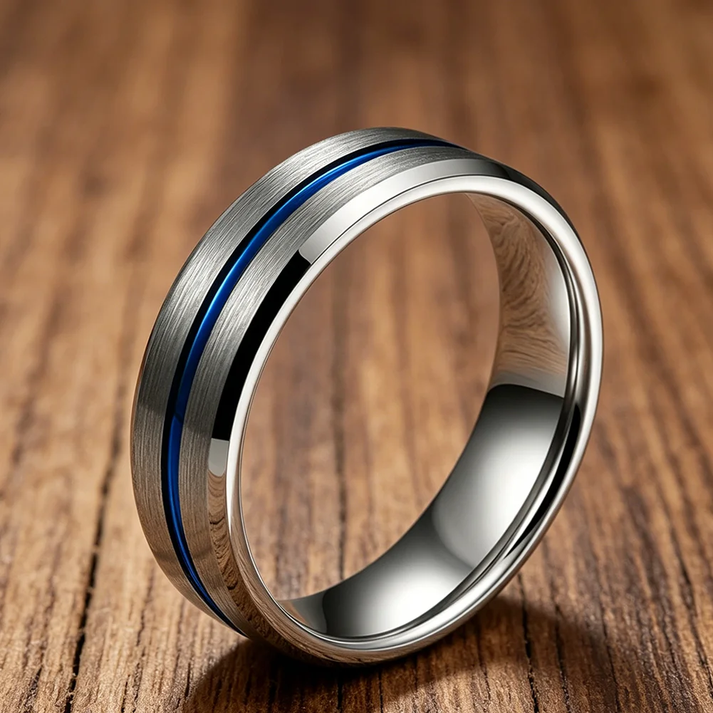 Blauer 4-mm-Ehering aus Wolfram für Männer und Frauen, modische Ringe mit abgeschrägten Kanten, gebürstete Oberfläche, bequeme Passform – Detail 2