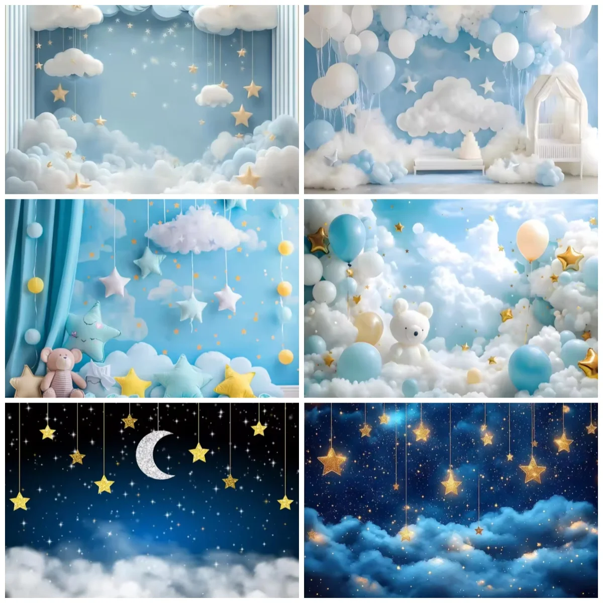 

Blue Balloon Cute Bear Soft Clouds Background Banner Decoration Hot Air Balloon Newborn Birthday Party Photography Backdrop Prop