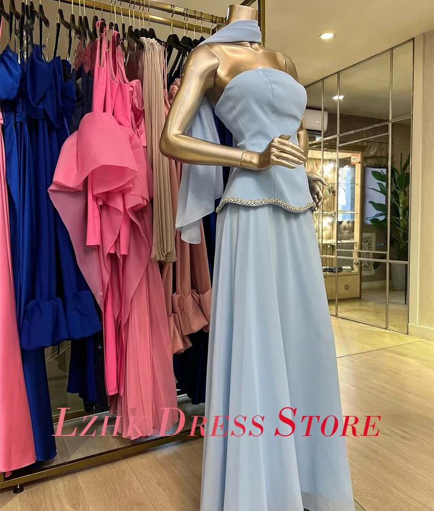 Gaun Malam Pita Kristal A-Line Sifon Anggun Kustom Gaun Prom Tanpa Tali Panjang Selantai Tanpa Lengan Temperamen