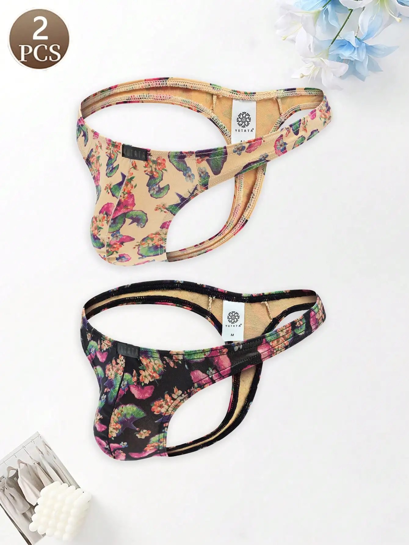 

2 шт., однотонные однотонные стринги с цветочным принтом, повседневные забавные милые трикотажные мужские стринги с низкой талией, дышащая мода