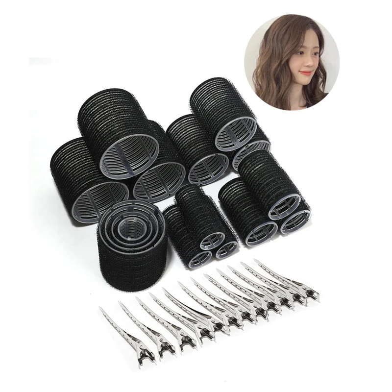 16pcs/set Black Self-Grip Hair Rollers With Clips Heatless Hair Roller Jumbo Sticky Hair Roller Set Salon Hair Dressing Curlers