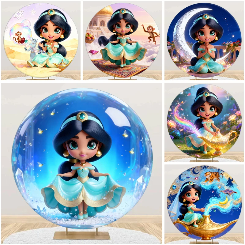 

Baby Jasmine Round Background Disney Pricess Kids Girl 1st Birthday Party Decor Baby Shower Aladdin Round Photography Backdrop