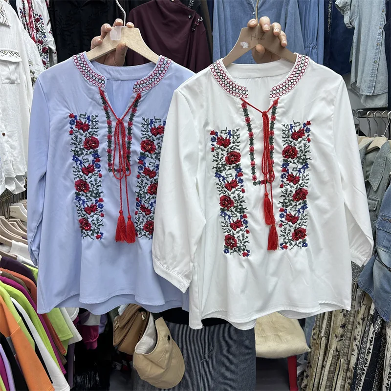 

Женская рубашка с вышивкой и бисером, длинный рукав, новый весенне-осенний стиль, этнический стиль, свободный крой с завязками, универсальная модель