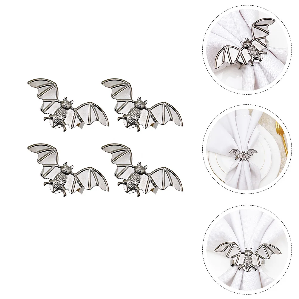 

4Pcs Halloween Bat Napkin Rings Creative Alloy Party Table Buckles Decorative Practical Halloween Dining Decorations
