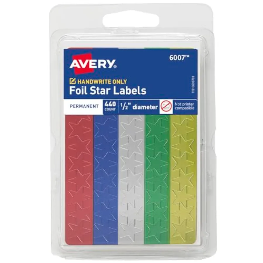 

Foil Star Labels 1/2" Assorted Colors Non-Printable 440 Labels Per Pack 15 840 Star Stickers Total 6007