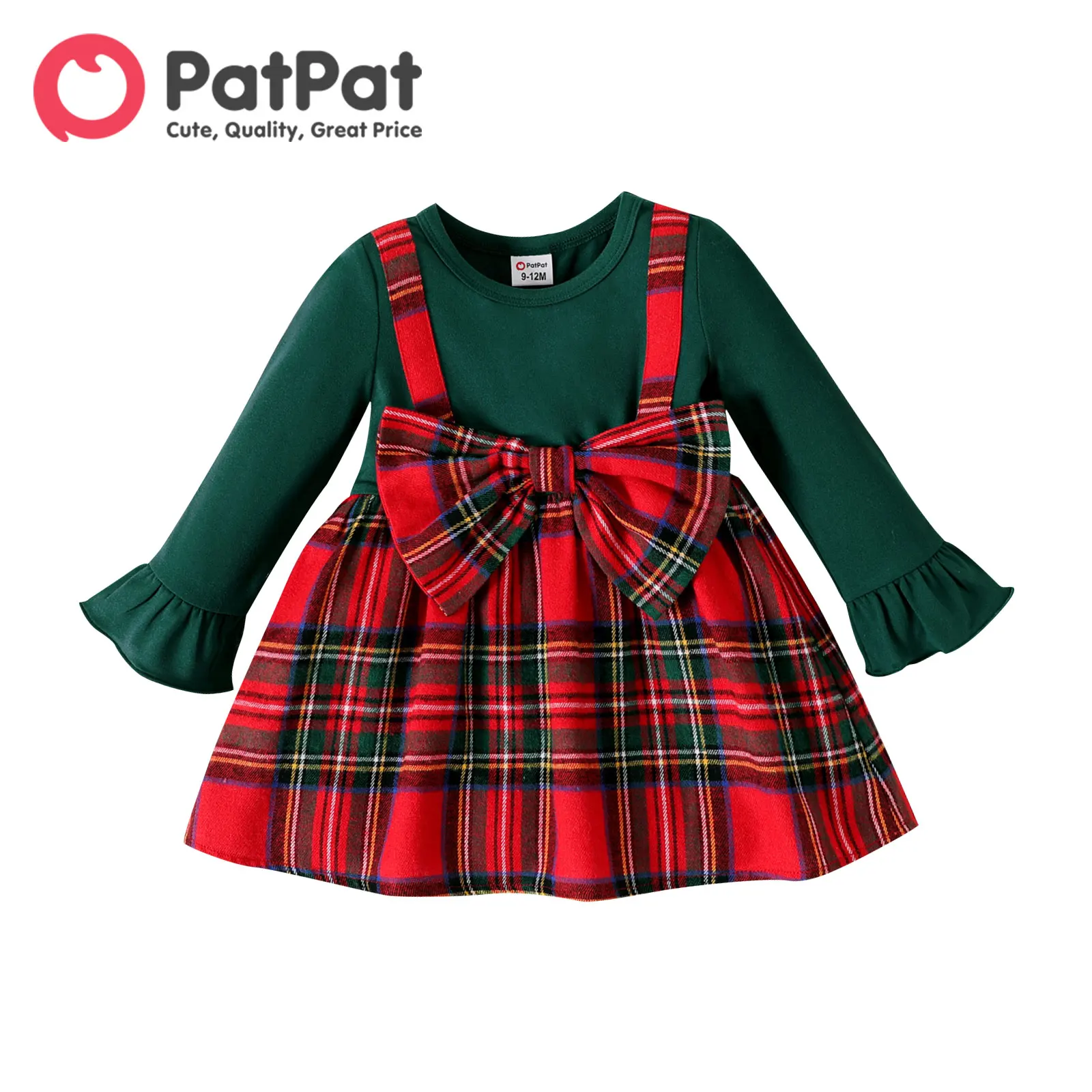 

PatPat Christmas Dress for Girls Newborn Boy Solid Long-sleeve Spliced Red Plaid Bow Front Dress