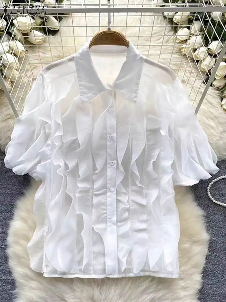 ZANZEA Casual Loose Tops Women Summer Shirt Korean Ruffle Short Sleeve Blouse Fashion Lapel Neck Tunic 2024 Chic White Blusas