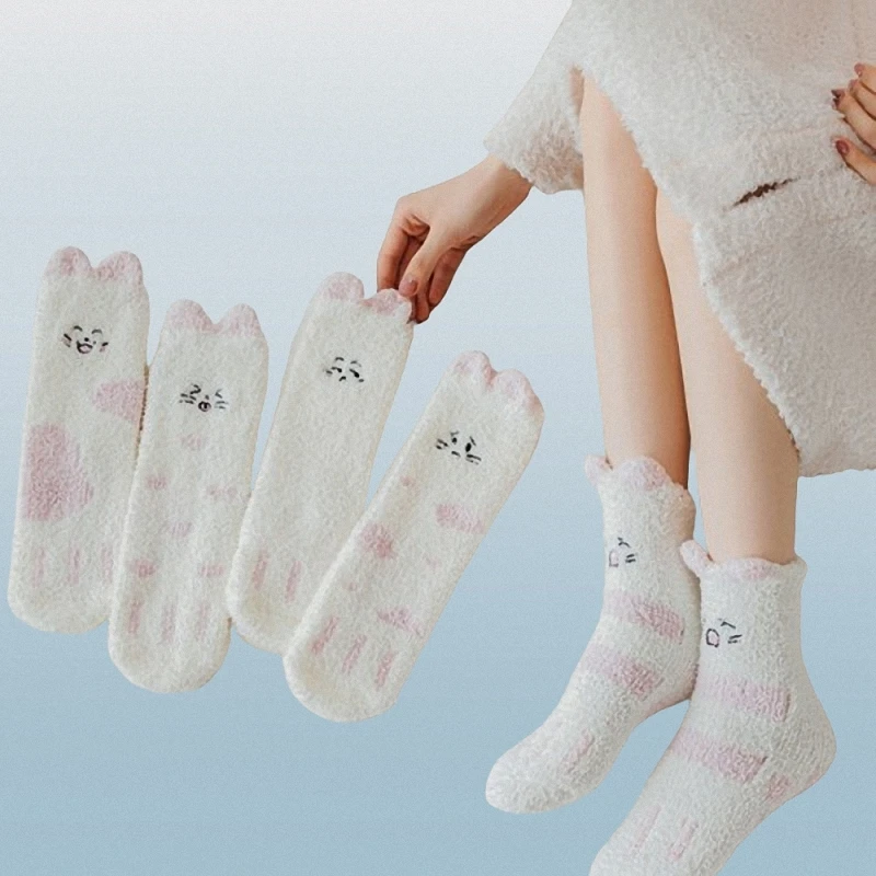 2024 New Fashion 5/10 Pairs Winter Socks For Women Winter Half-velvet Cute Cat Thick Warm Sleeping Towel Socks Confinement Socks