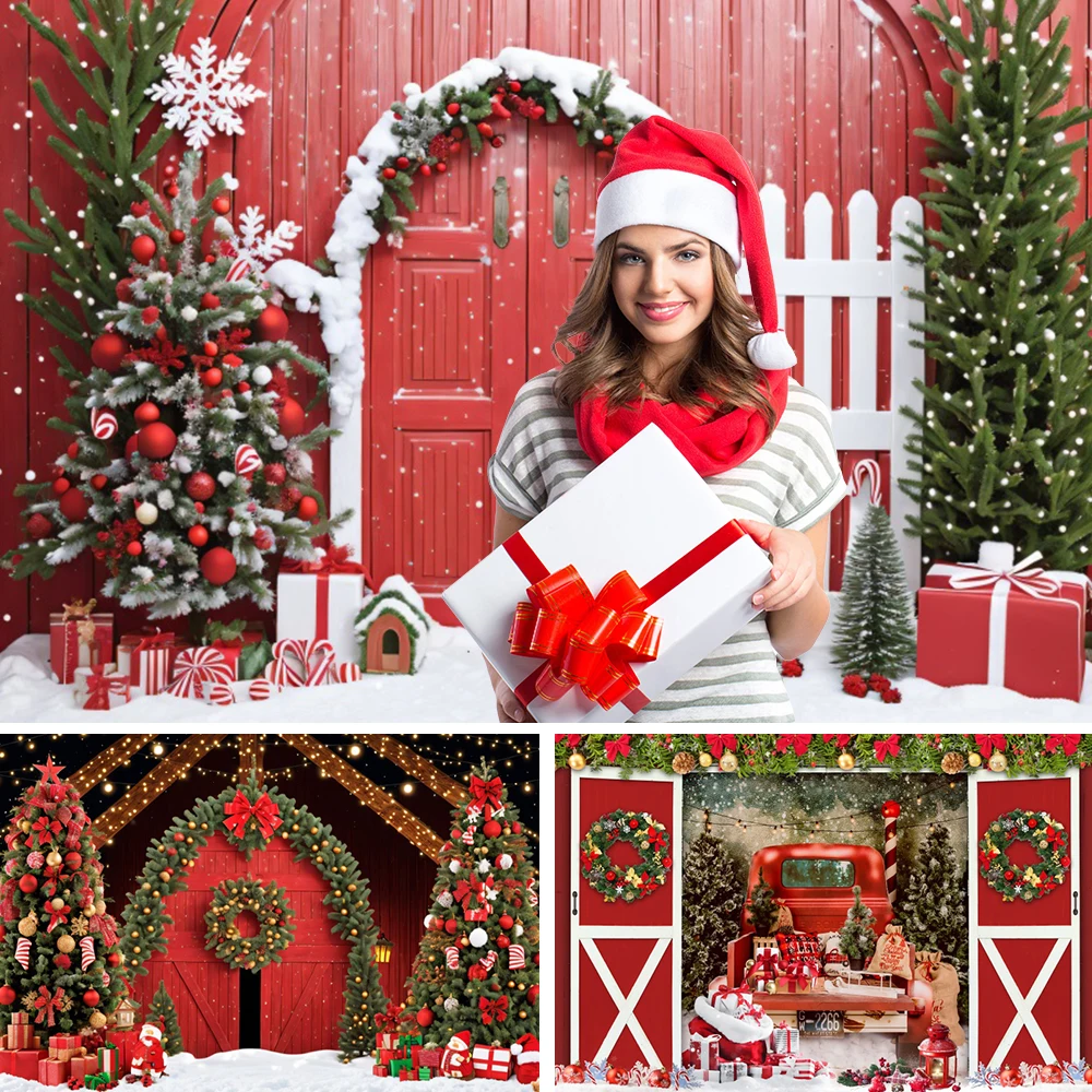 

Red Wooden House Christmas Party Backdrop Photography Xmas Tree Gifts Snowfield Balls Photo Photographic Background Studio Shoot