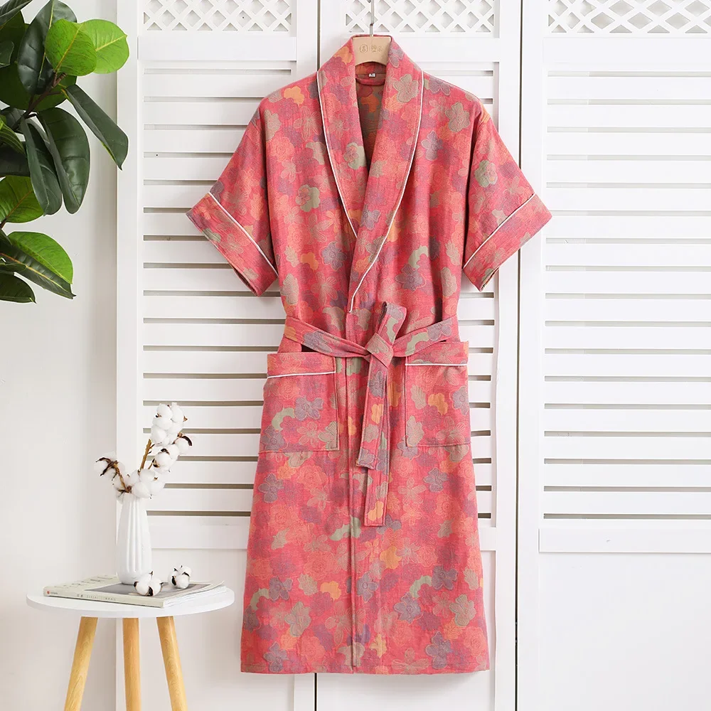 Multi Colors Fashionable Printed Cotton Bathrobe for Men's and Women's Bathroom Robes Summer Short Sleeved Medium Length Robes