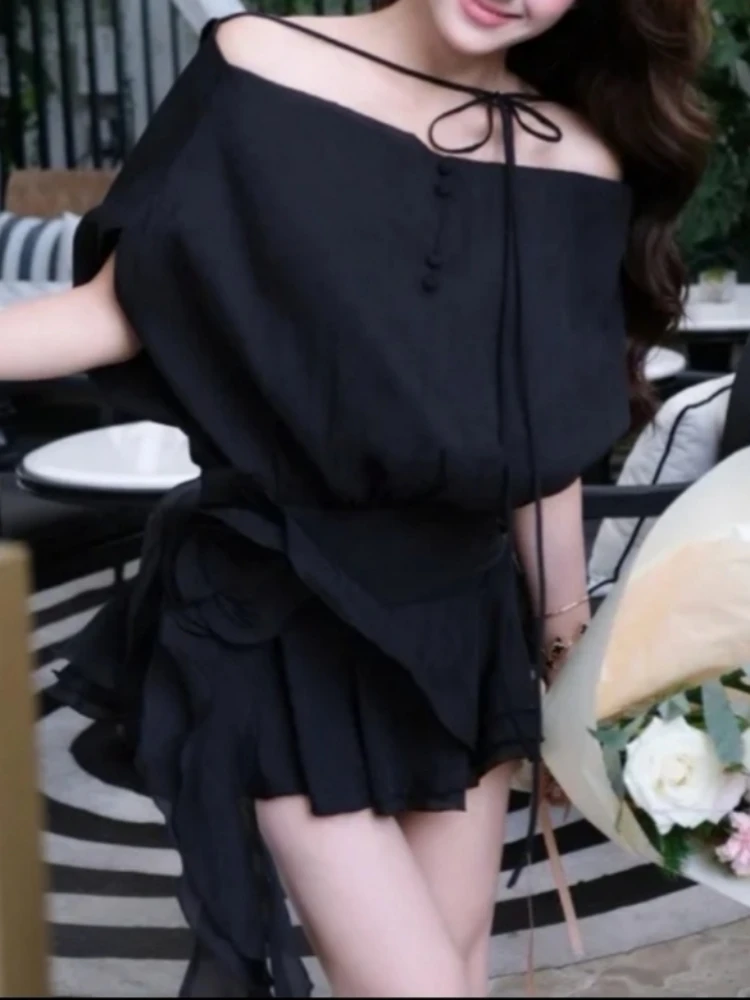 Women Backless Lace-up Dress Two Piece Set Sexy Off Shoulder Flower Ruffles Dress + Shorts Suits Evening Party Cocktail Sets