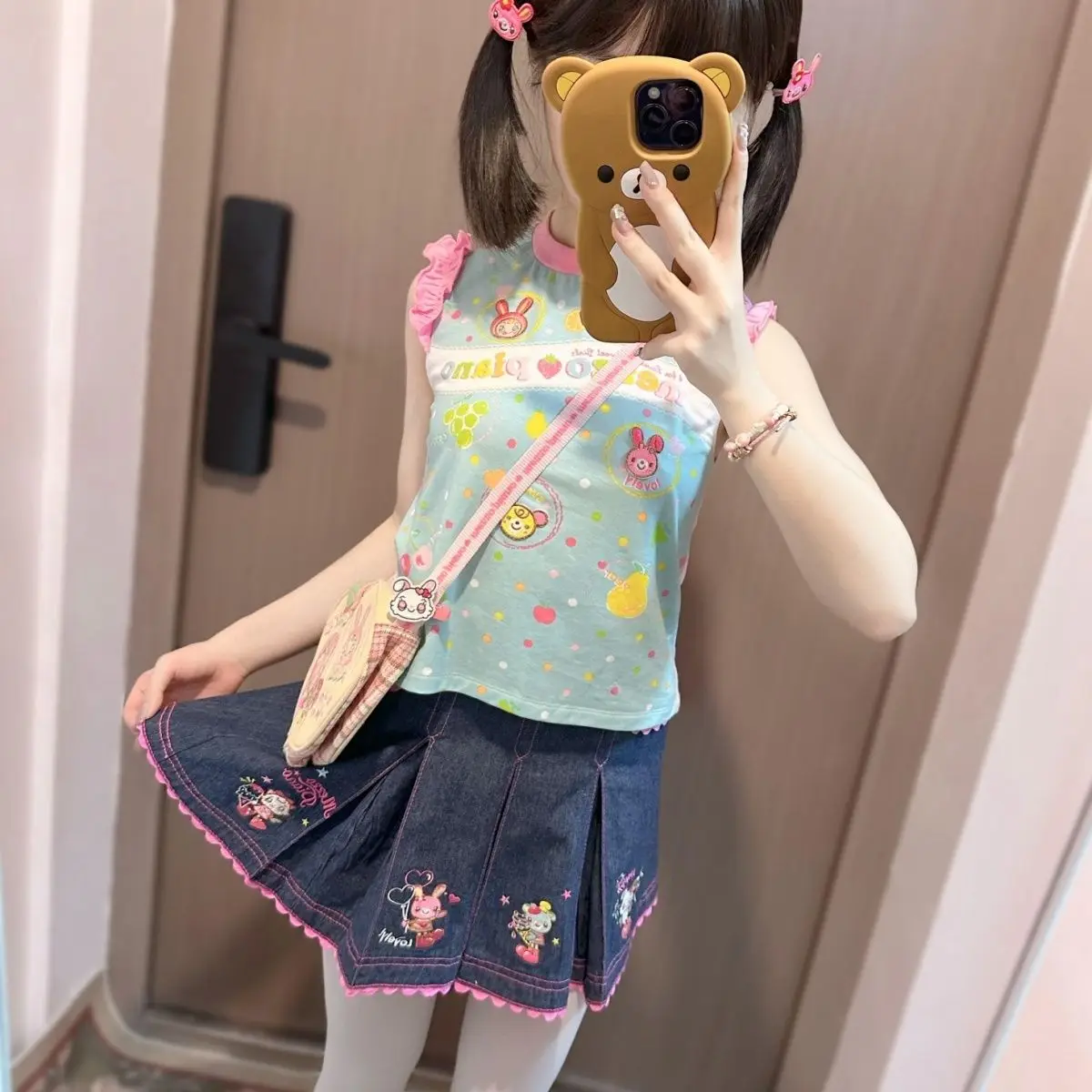 Japanese Cartoon Print Cute Graphic T Shirts Summer New Sleeveless Slim Fit Sweet Girl Vest Lolita Fairycore Y2k Crop Top