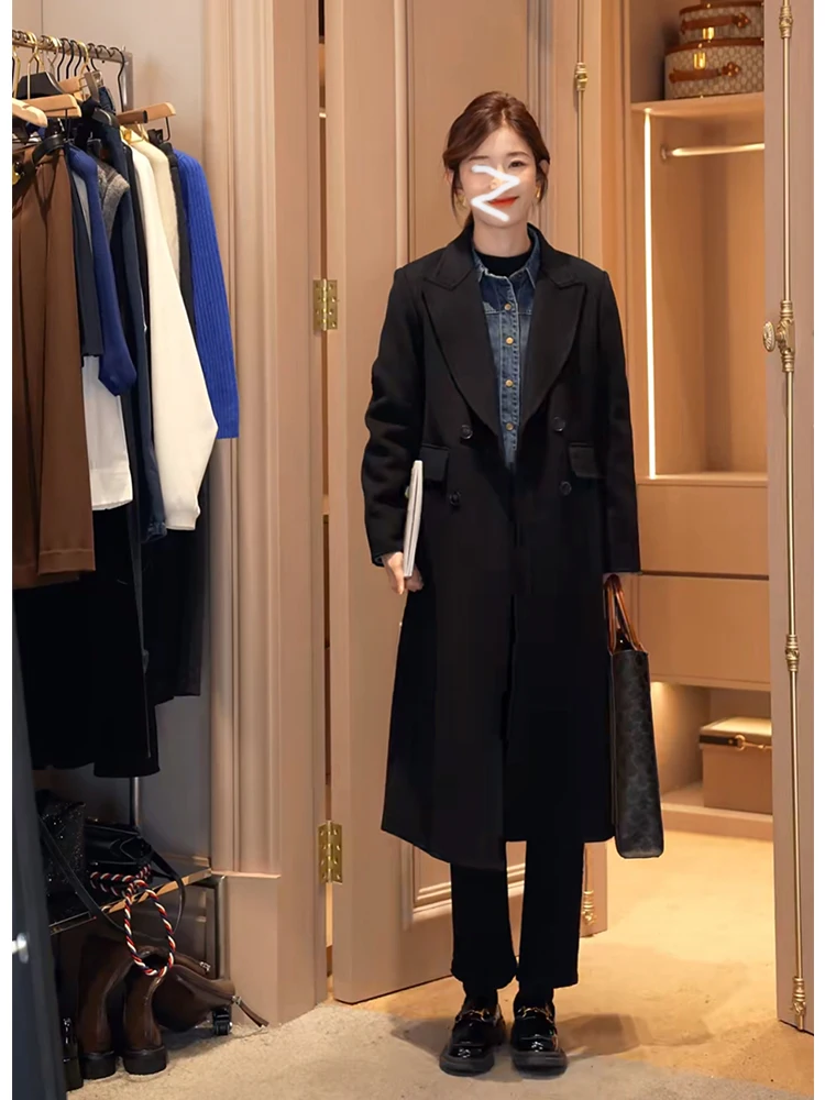 

Oajer Flagip Store Women's Bla Long Coat Autumn Winter Briti Sle Outerwear Top High Waist Korean Sle Commute Faion