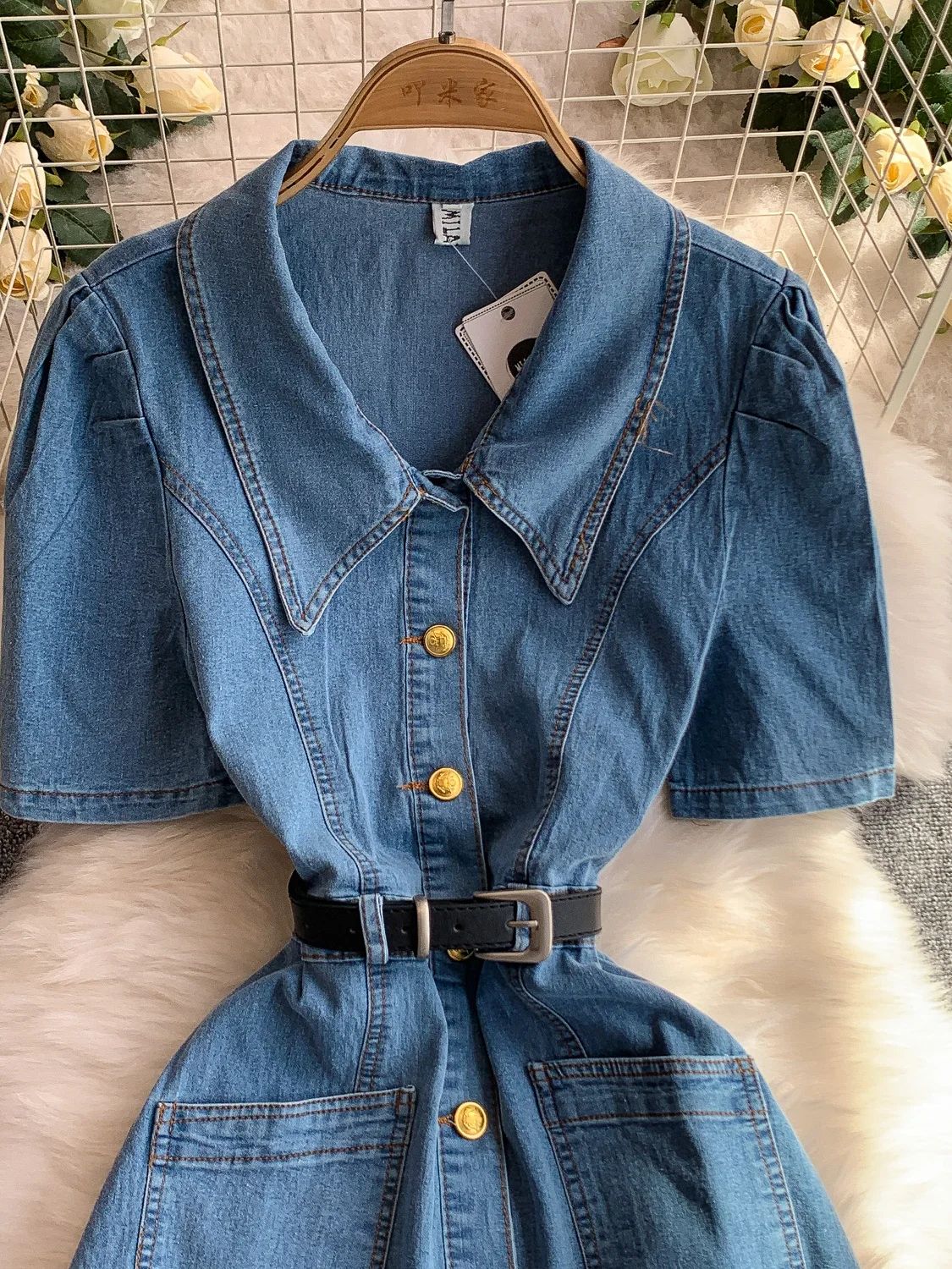 Retro Hong Kong Sle Blue Denim Dr Damen Sommer Metall Bule Schlankheitsgürtel Hohe Taille A-Linie Midi Dr Koreanische Sle