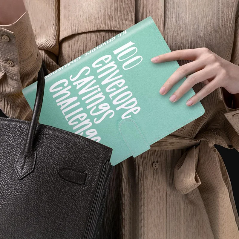 مجلد تحدي 100 ظرف، كتاب تحدي توفير المال، مغلفات تحدي توفير المال، مجلد الميزانية، أخضر متين