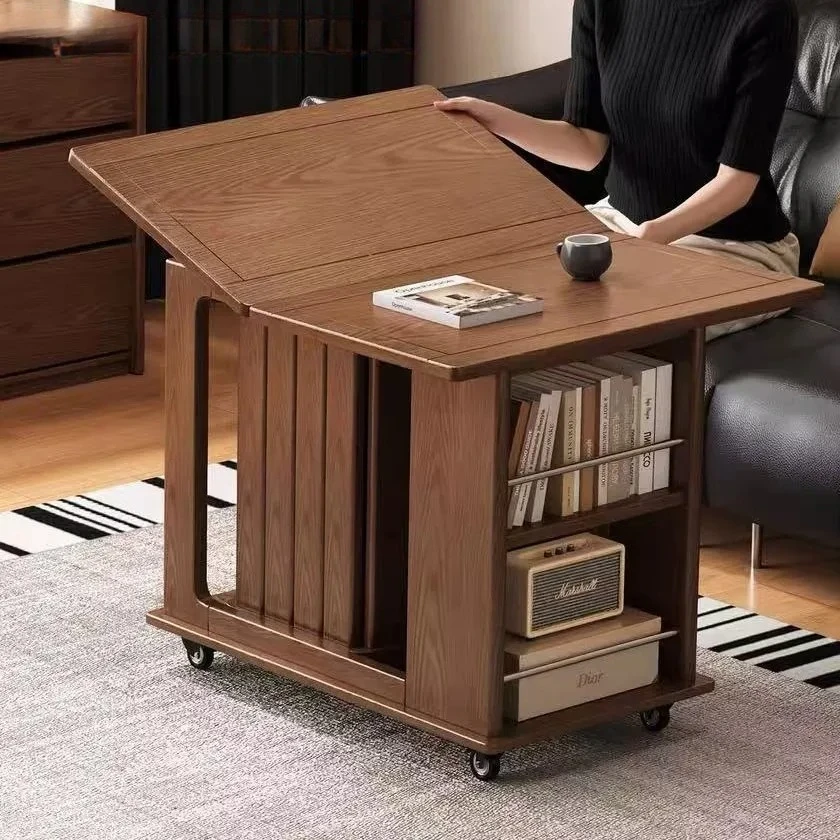 Solid wood mobile side table coffee table living room sofa balcony trolley folding multi-functional dining table
