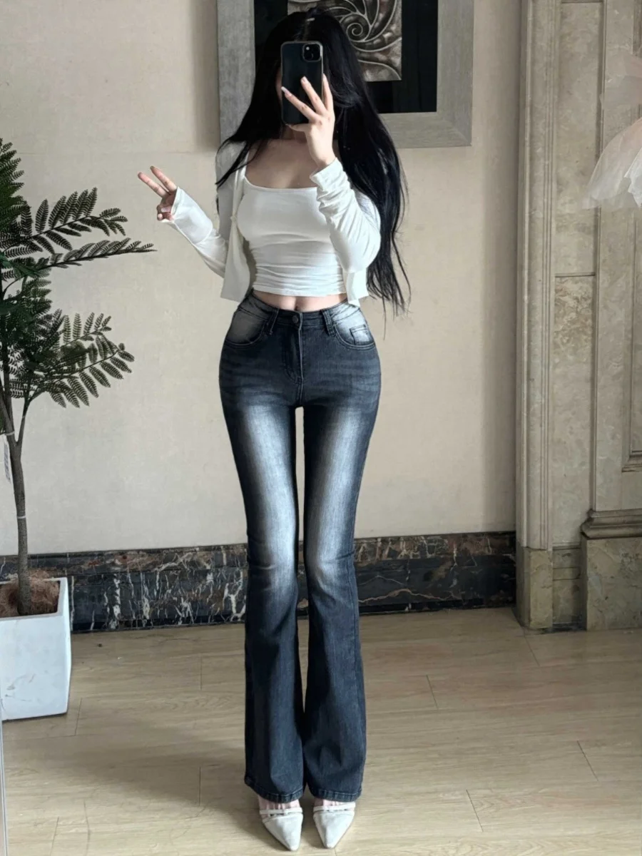 Slimming Fitted High Waist Jeans Women's Long Pants with Booty Enhancing Pads Floor Length Bell Bottoms Deep Blue Cotton Stre...