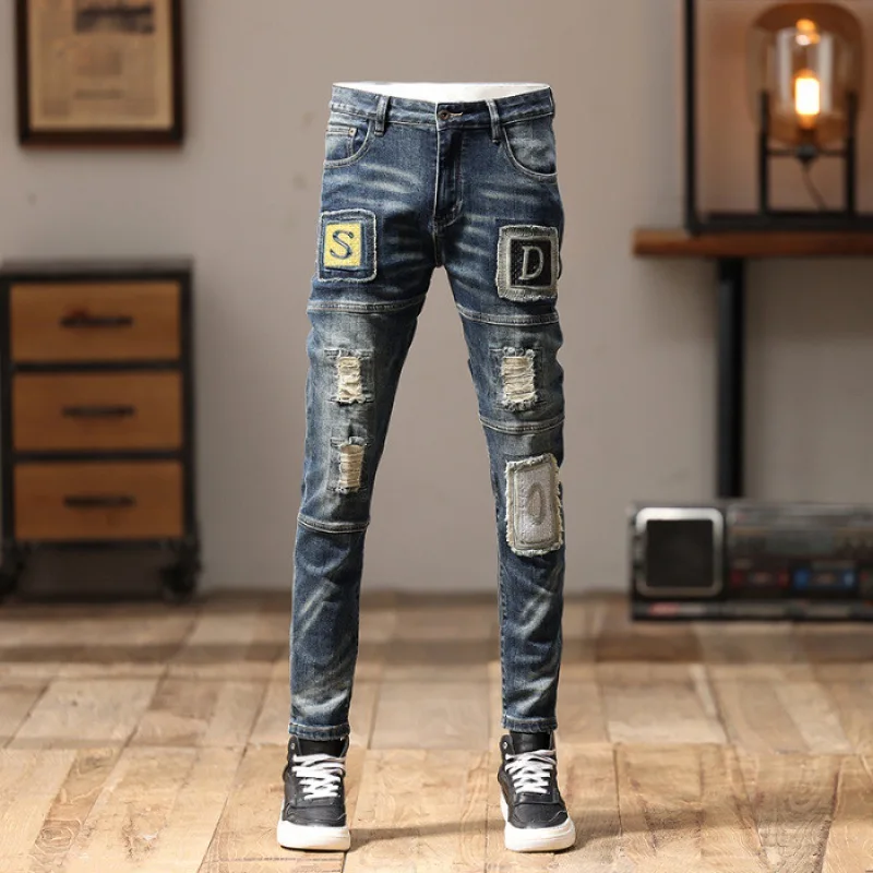 Embroidered Jeans Men\'s Stitching Patchwork Trendy Retro Slim Fit Light Straight-Leg Personality Street Motorcycle Trousers