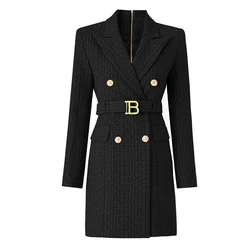 S-3XL High Quality Fashion Jacquard Texture Lapel Belt Button B Button Long Sleeve Slim Fit Women's Dress