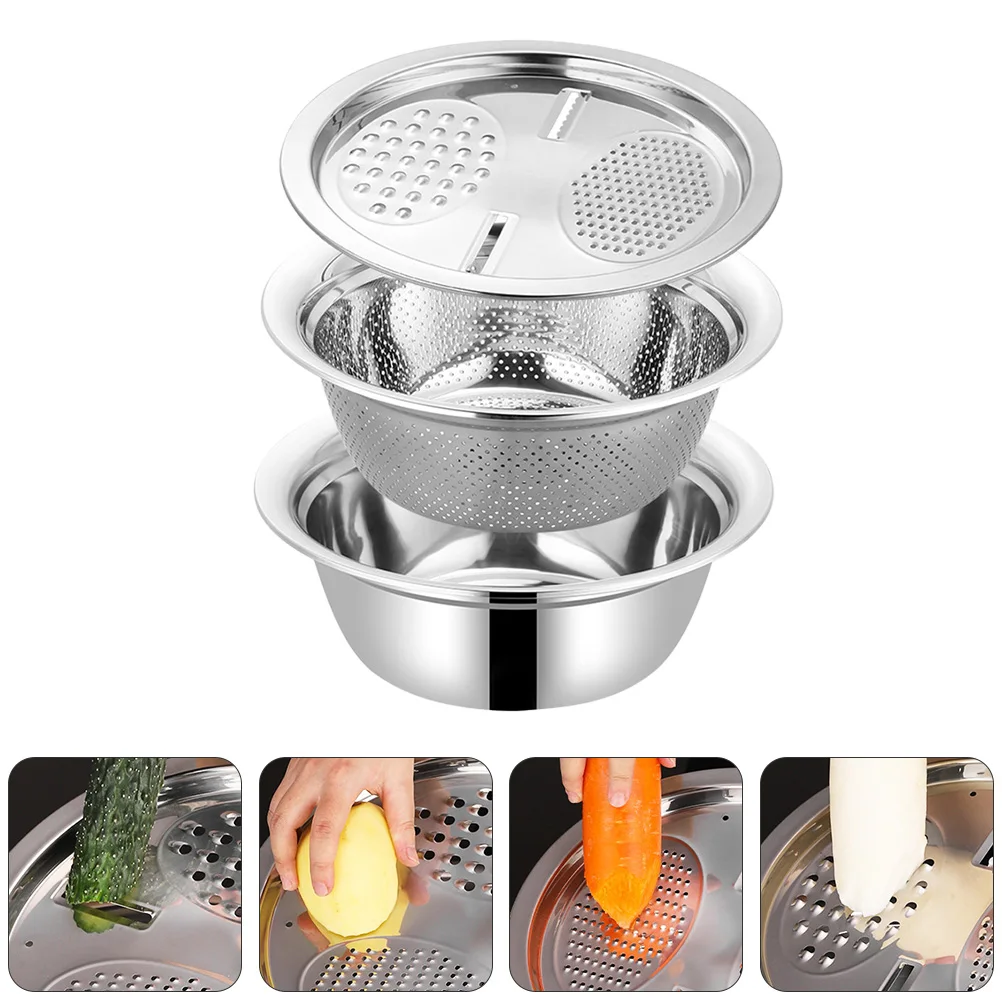 

3pcs Stainless Steel Vegetable Grater Basin Fruit Slicer Kitchen Tool Garlic Carrot Peeler Drain Basket Ergonomic for Vegetables