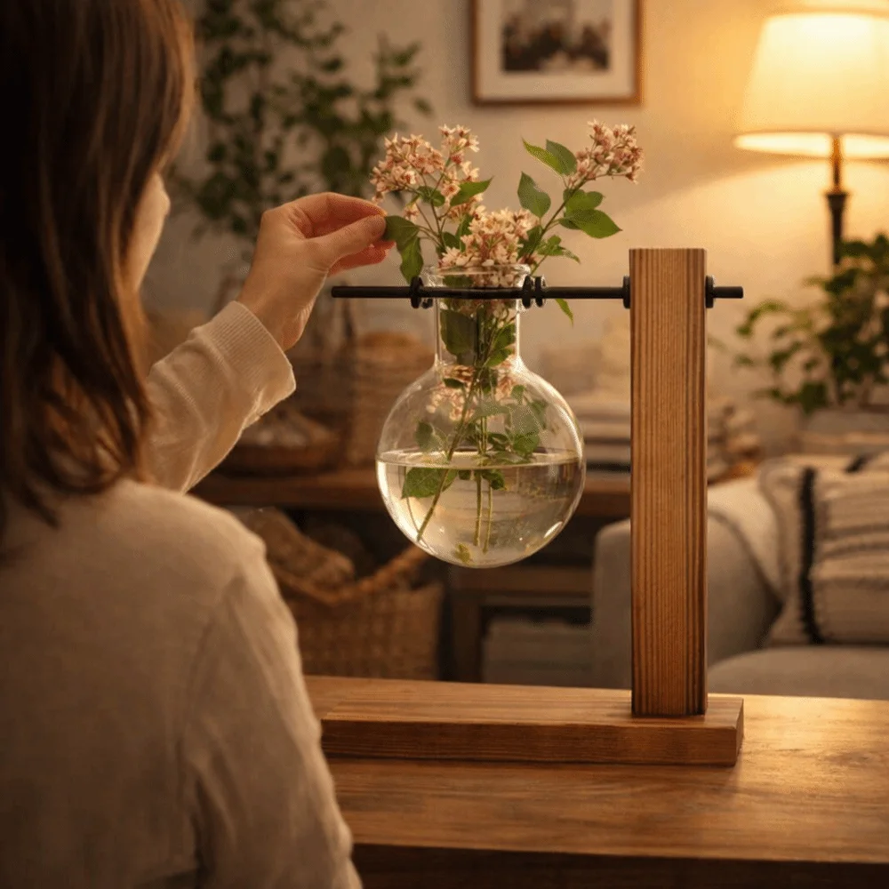 

Plant Container Transparent Glass Vase Planter Elegant Handmade Hydroponic Planter Wooden Stand Flower Pot Home Decoration