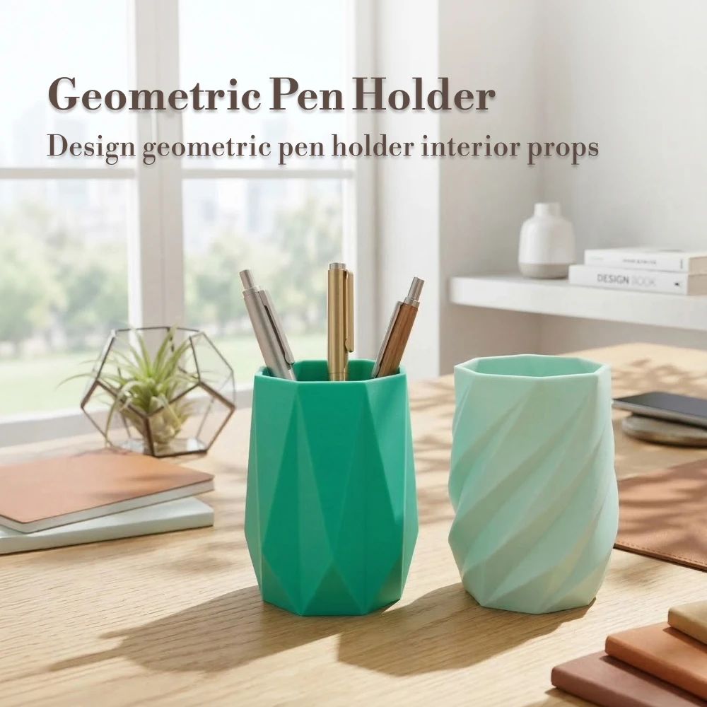 Geometric Faceted Twisted Desk Pen Holder Minimalist Solid Color Stationery Organizer Multifunctional Makeup Brush Storage