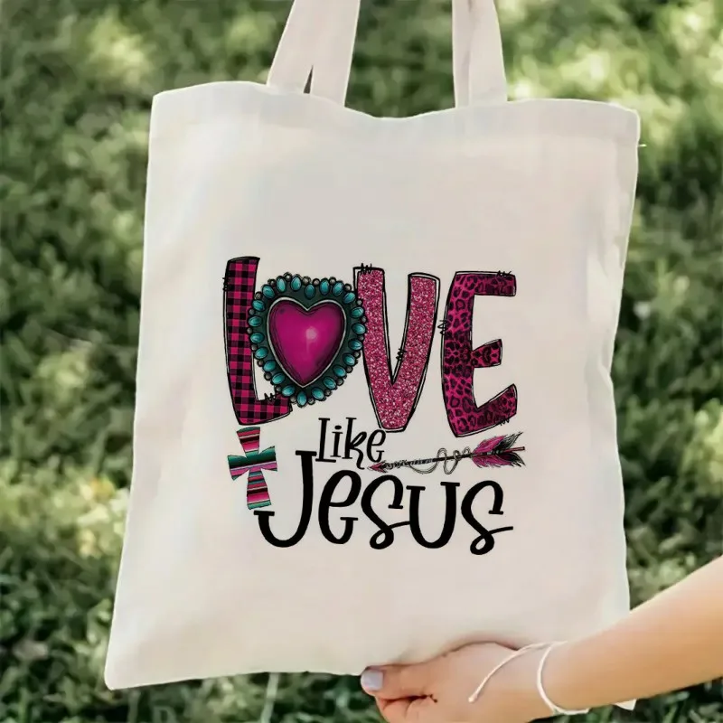 Western Plaid Glitter Love Like Jesus Cross Arrow Canvas Tote Bag Religious Print Reusable Shoulder Bag for Faith Gift Daily Use