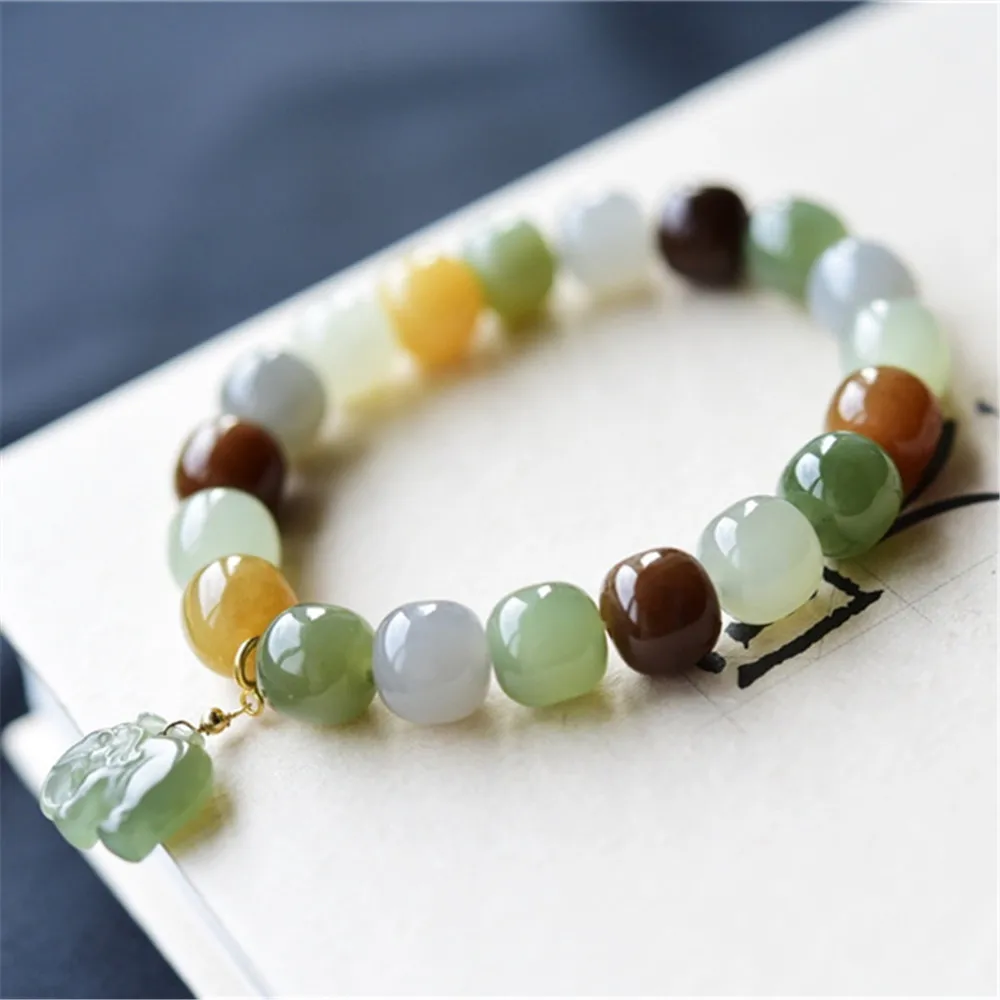 

Multiple Color Natural Hetian Jade Bead Bracelet Retro Green Purple Yellow Jade Elephant Pendant Lucky Accessories Fine Jewelry