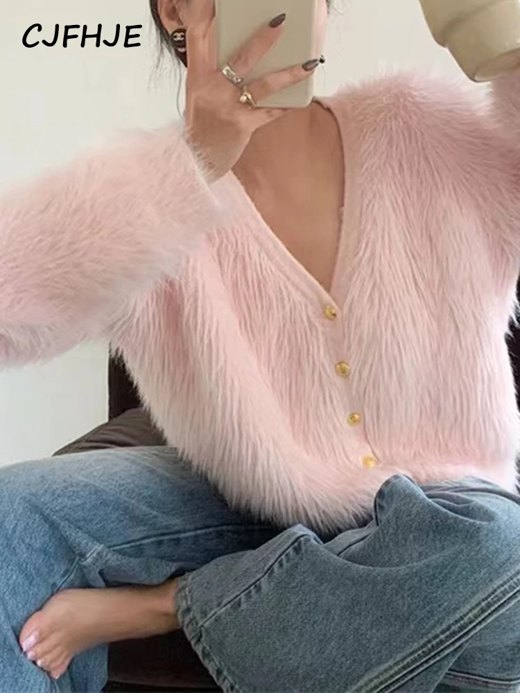 CJFHJE Pink Sweater Cardigan Women Autumn Winter Imitation Mink Velvet Loose Outwear Coats V-neck Single-breasted Cardigans Lady