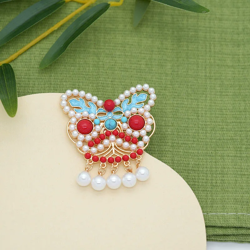 Abstract Animal Lion Brooch Pins for Women Blue Enamel Imitation Pearl Tassel Brooches Wedding Party Chinese Jewelry Gifts
