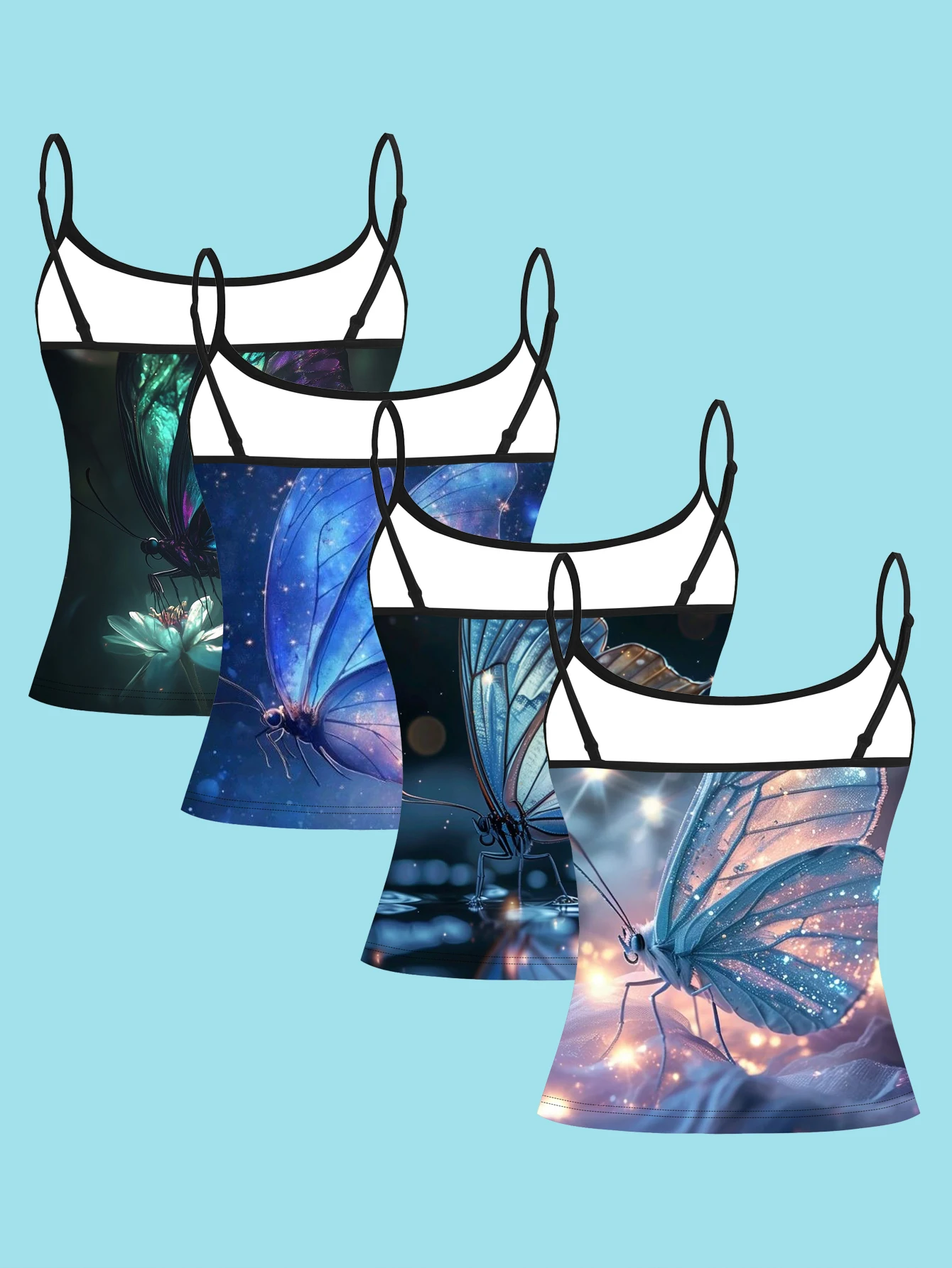 4-Piece Set of Soft Light Butterfly Camisole Set with Beautiful Starry Sky Iridescent Butterfly Pattern for Women's Inner Wear Base Layer Tank Top