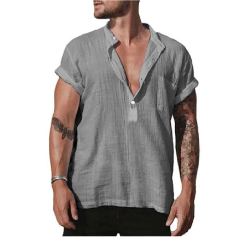 Camicia a maniche corte da uomo europea e americana estate nuova camicia a maniche corte con tasca in tinta unita con colletto allentato in lino