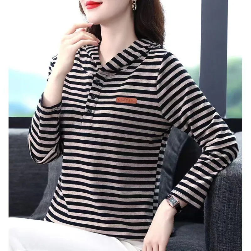 Spring and Autumn Women\'s Long Sleeve T-shirt Pure Cotton Hooded Sweater Black White Stripe Commuter Tees Fashion Loose Tops