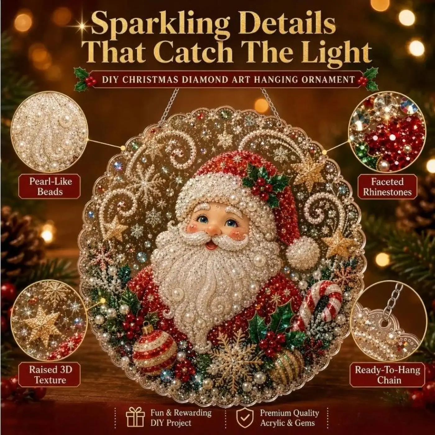 Diy Christmas Pearl Diamond Painting Pendant, Acrylic Circular Board, 2D Flat Pearl Bead Crafts, Holiday Window and Wall Decorat