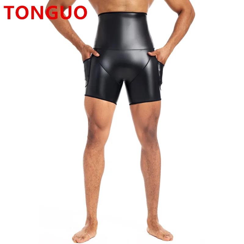 TONGGUO Men PU Leather Fitness Shorts Elastic High Waist Comfortable Leather Pants Man Casual Leggings Adjustable Workout Shorts