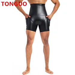 TONGGUO Men PU Leather Fitness Shorts Elastic High Waist Comfortable Leather Pants Man Casual Leggings Adjustable Workout Shorts