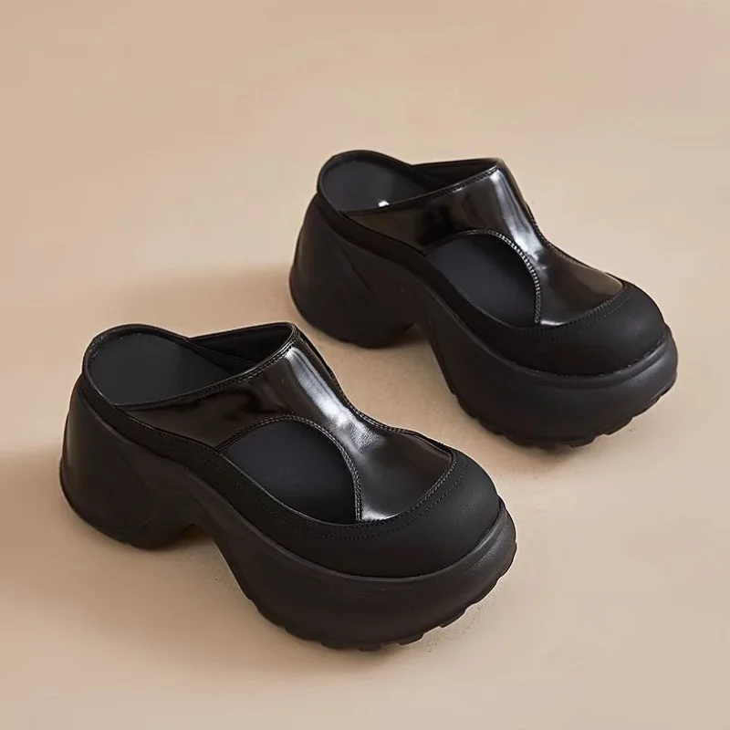 

Elegant Ladies Patent Leather Wedge Sandals Cutout Platform Heels Backless Slip on Sophisticated Thick Sole Shoes for Work Date