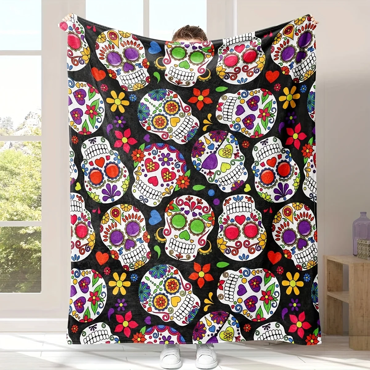 Colorful Sugar Skull Floral Seamless Decor Pattern Throw Blanket Soft Flannel for Living Room Couch Bed Home Decor Gift