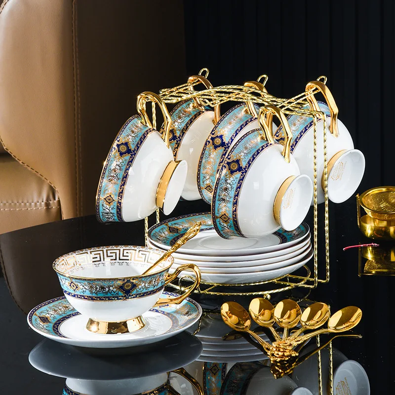 

English Style Luxury Tea Set with Saucer and Spoon, Top Grade Bone China, Coffee Cups Set, Christmas Presents