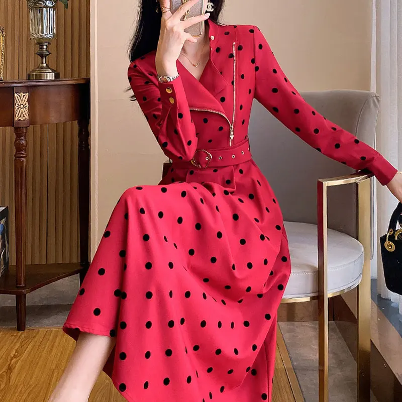 Office Lady Elegant Tailored Collar Dresses Polka Dot Spring Autumn Women\'s Clothing A-Line Sashes Chic Asymmetrical Long Dress