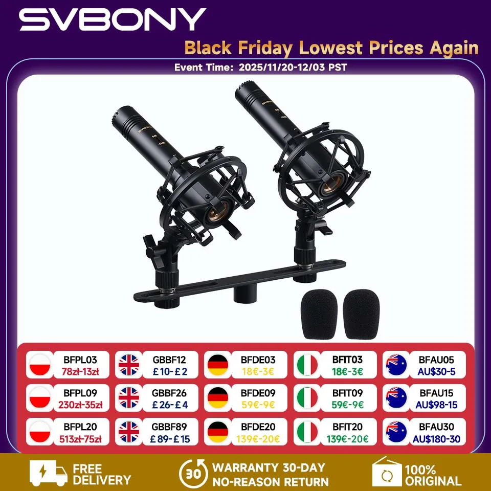

Svbony SVMic M1 with Two Metal Microphone 20Hz～20KHz Built-in Shock Mount and Windscreen XLR for Studio Vocals Instruments