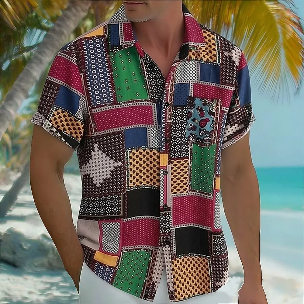 Men's Color Block Patchwork Boho Shirt Button Up Short Sleeve Vintage Casual Beach Vacation Turndown 3D Print Shirt Red Green