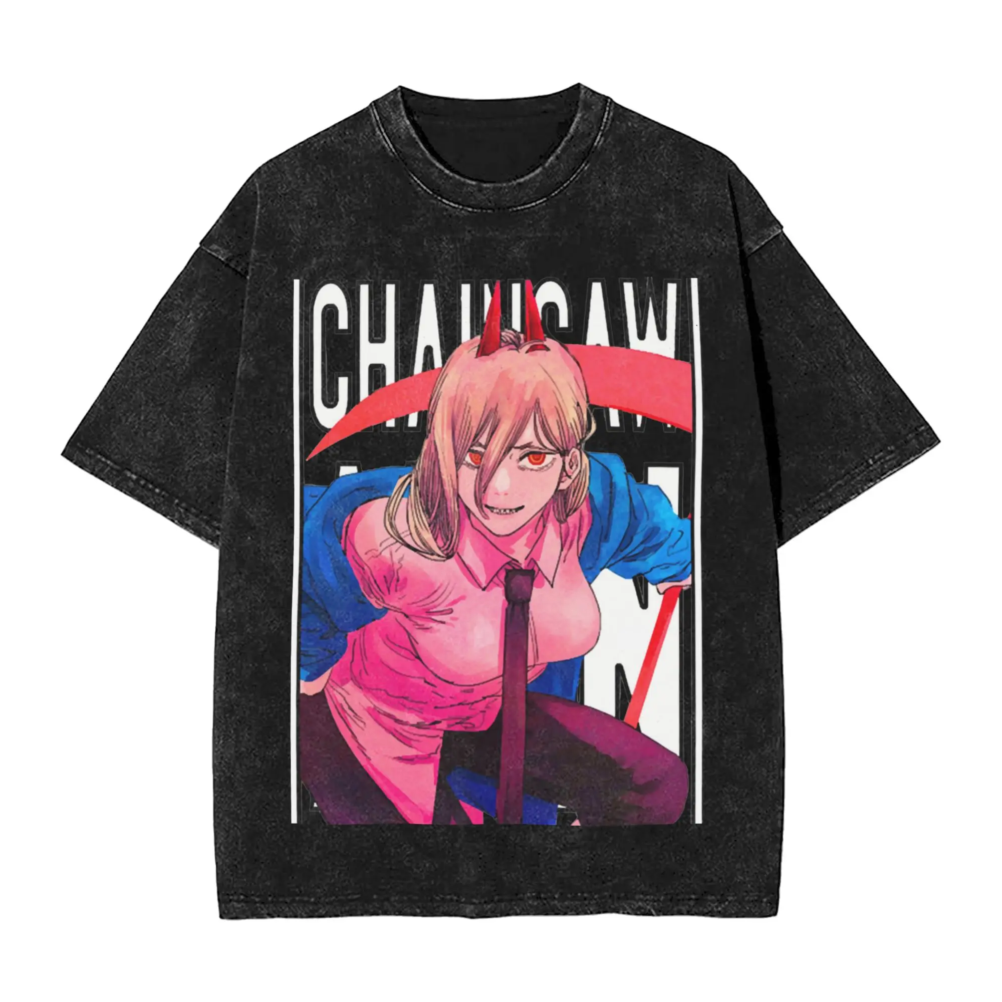 Power Scythe Chainsaws Man Vintage Washed T-Shirt Denji Anime Funny Cotton Tee Shirt Crew Neck Short Sleeve T Shirts